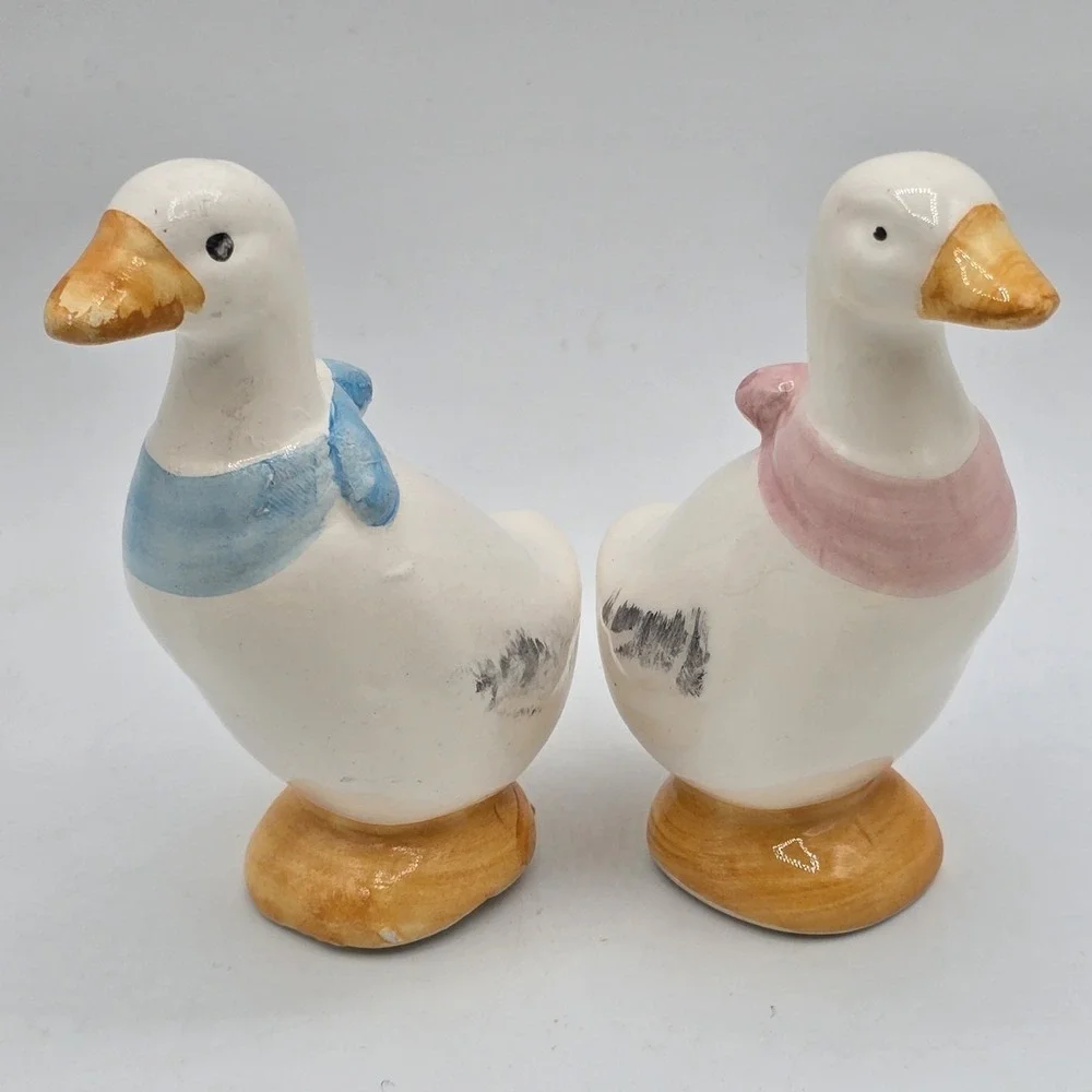 Vintage Goose Duck Salt & Pepper Shakers Pink Blue Bandana Taiwan Cottagecore